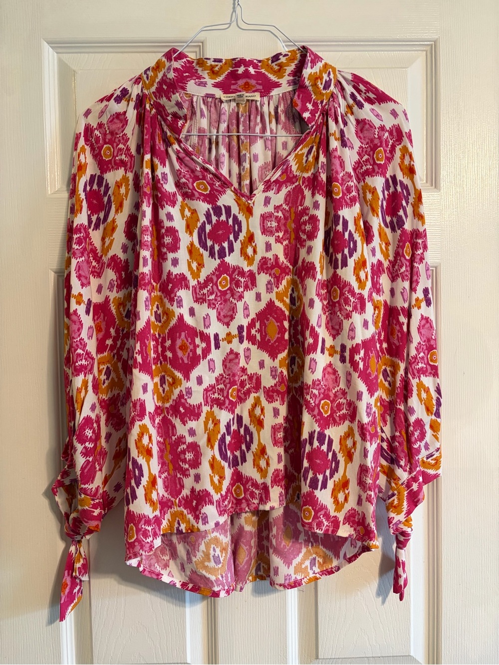Christian Siriano Pink Orange Ikat Blouse Medium High Low V-Neck Rayon Top M